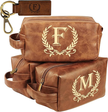 Engraved Letter Toiletry Bag Leather Waterproof Travel Kit, Personalized Gifts for Dad Husband Boyfriend (F)