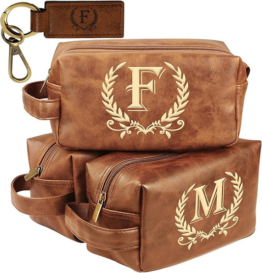 Engraved Letter Toiletry Bag Leather Waterproof Travel Kit, Personalized Gifts for Dad Husband Boyfriend (F)