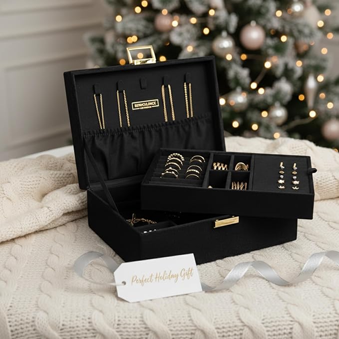 Benevolence LA 2 Layer Jewelry Box for Women, Large Velvet Jewelry Organizer with Decorative Lock, Removable Jewelry Tray, Earrings, Bracelets, Rings and Necklace Storage Box - Ebony
