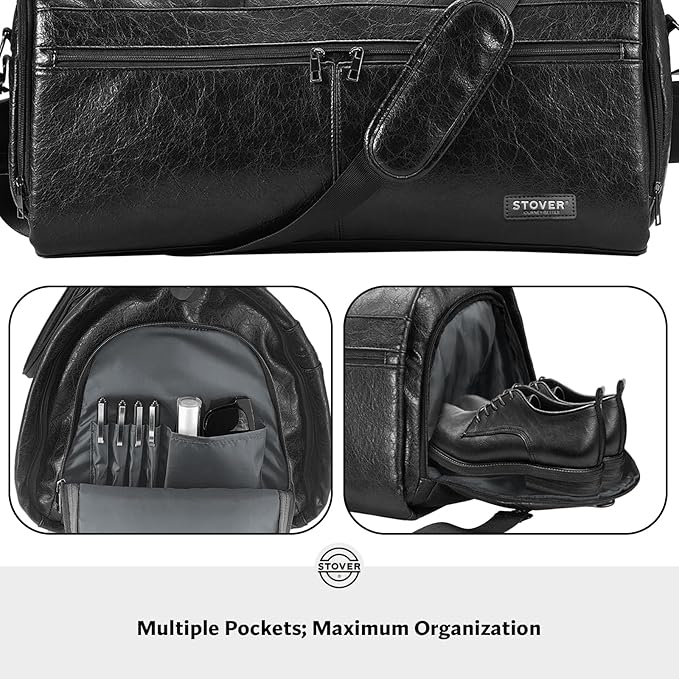 STOVER Garment Travel Duffle Bag, Large 2-in-1 Convertible Carry-on Luggage for Men & Women- Hanging Suits, Dresses & Clothes + Shoe Compartment- Weekender Tote Combo Duffel (Black Leatherette)