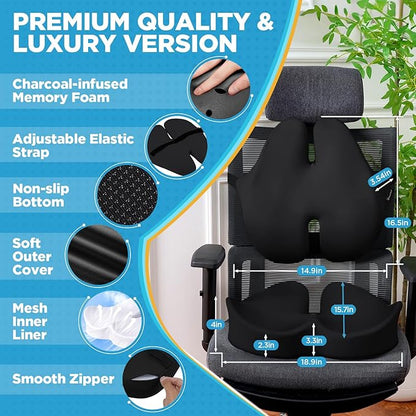 BEAUTRIP Seat Cushion & Lumbar Support Pillow for Office Chair, Car & Wheelchair - Ergonomic Coccyx Cushion for Tailbone, Sciatica & Back Pain Relief - Extra-Dense Charcoal Memory Foam Chair Cushions