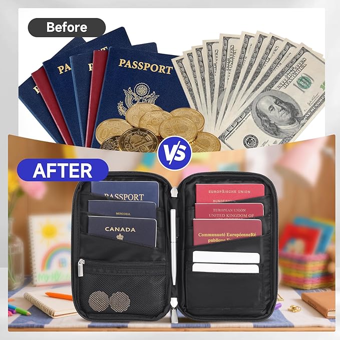 WALNEW Passport Holder for Travel Family, RFID-Blocking Travel Wallet Holder for 6 Passports, Water Resistant Bag Document Organizer for Cards, Cash, Boarding Passes, Tickets (Black)