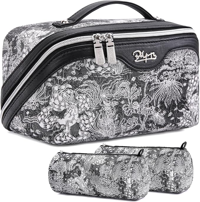 BOYATU Travel Makeup Bag for Women: Large Capacity Make up Bag with Compartments - Vegan Leather Cosmetic Bag set of 3 - Waterproof Toiletry Bag with Handle & Divider(E-2-Black)