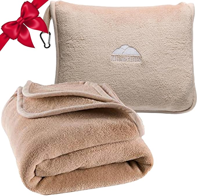 BlueHills Premium Soft Tall Travel Blanket Pillow for Airplane Traveling Essentials Long Flight Trip Throw in Bag case with Backpack Clip Compact Large Plane Accessories Beige T053