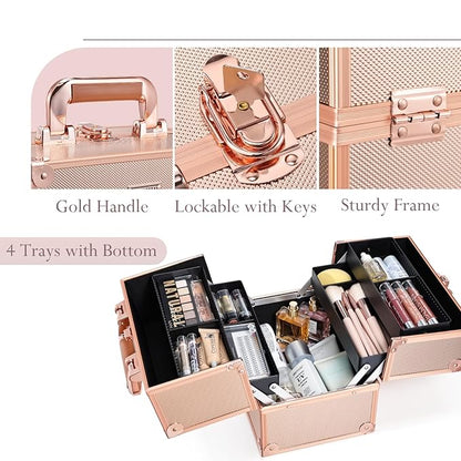 FRENESSA Makeup Train Case Makeup Case Travel Cosmetic Box Organizer Portable Make Up Box with Dividers Lockable for Artist Nail Sewing Vanity Storage Makeup Travel Case Rose Gold