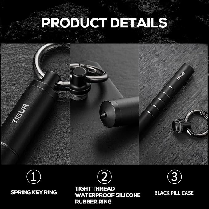 TISUR Small Metal Pill Organizer, Titanium Keychain Pill Holder Travel Pill Box Case Multitool EDC Every Day Carry for Men (Black Titanium)