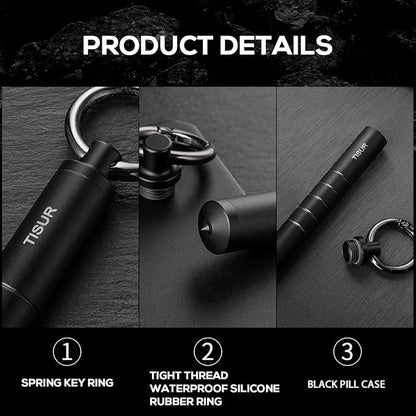 TISUR Small Metal Pill Organizer, Titanium Keychain Pill Holder Travel Pill Box Case Multitool EDC Every Day Carry for Men (Black Titanium)