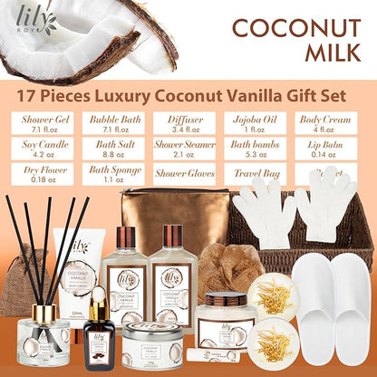 Bath and Body Gift Basket Set for Women - Coconut Vanilla Christmas Gifts for Women, Spa Gift Basket 17-Piece Bath Gift Set Self Care Gifts for Mothers Day, Fathers Day, Birthday Gifts for Her & Him