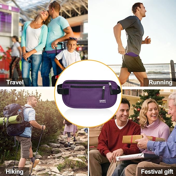 RFID Blocking Money Belt for Men Women, Slim Fanny Pack For Travel，Running,Conceal Waist Wallet For Passport Holder,Phone,Cash(Dark Purple), Dark Purple, Rfid Blocking & Belt Wide:1inch
