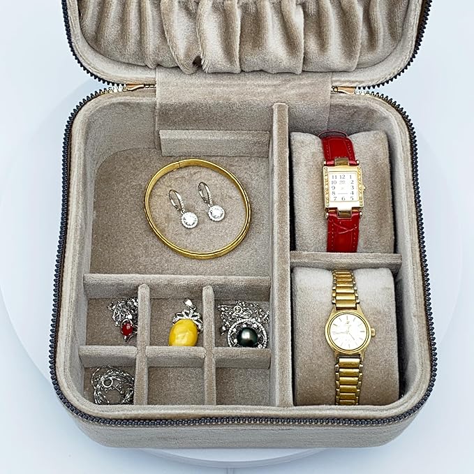 Large Velvet Travel Jewelry Organizer and Storage Case with Zipper Around,Jewelry Box (Champagne)