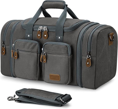 Gonex Canvas Duffle Bag for Travel, Expandable Water Resistant 60L Carry on Duffel Overnight Weekender Gym Bag with Wet Dry Separation Pocket & Suitcase Handle Sleeve, Grey