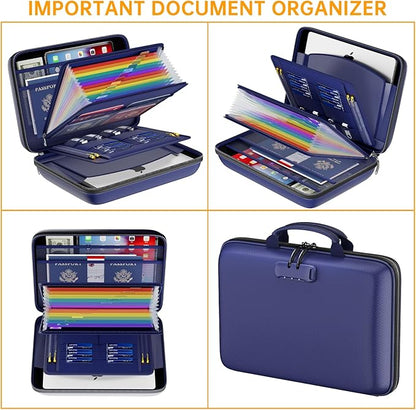 DocSafe Fireproof File Organizer with Lock, Hard-Shell Case Fireproof Document Box with 13 Pocket Accordion File Folder, Portable Home Office Travel Safe Storage for Important Documents Laptop Blue