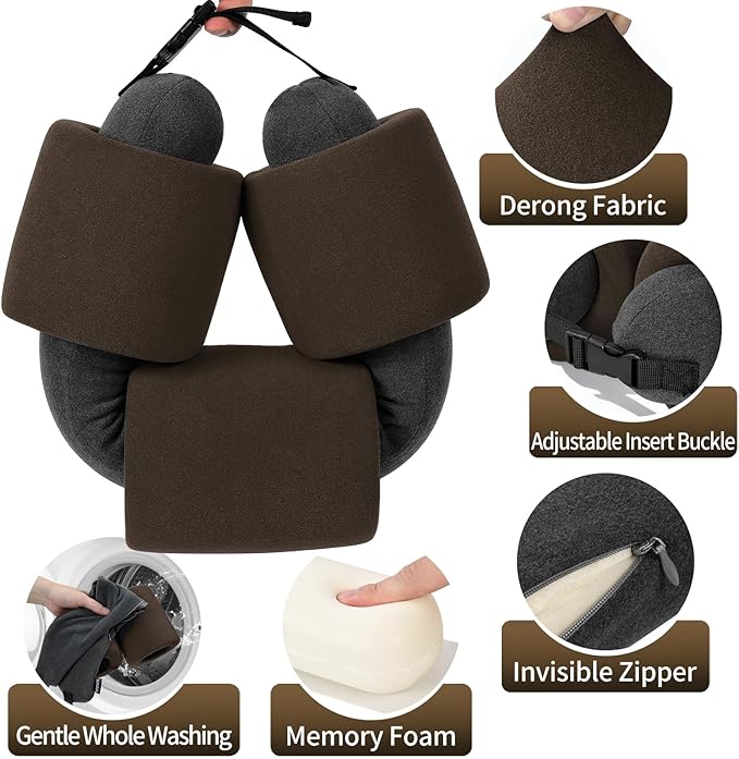 3-Ring Memory Foam Travel Neck Pillow It has obtained a Patent. The Three Rings can be movably Adjusted to Provide Flexible Support for The Neck, Head, and Other Areas.Brown