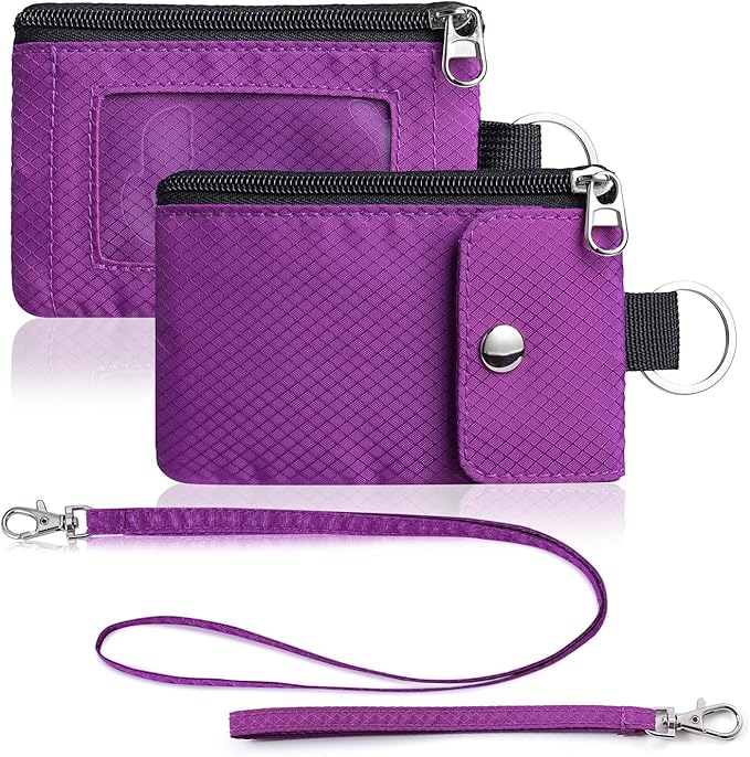 Minimalist Wallet For Mens Womens, Keychain RFID Blocking Zipper Small Wallet with ID Window 2 Lanyards,Water Resistant Travel Cash Card Coin Case Boys Girls