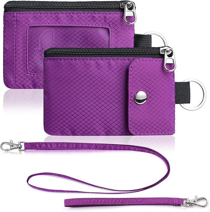 Minimalist Wallet For Mens Womens, Keychain RFID Blocking Zipper Small Wallet with ID Window 2 Lanyards,Water Resistant Travel Cash Card Coin Case Boys Girls