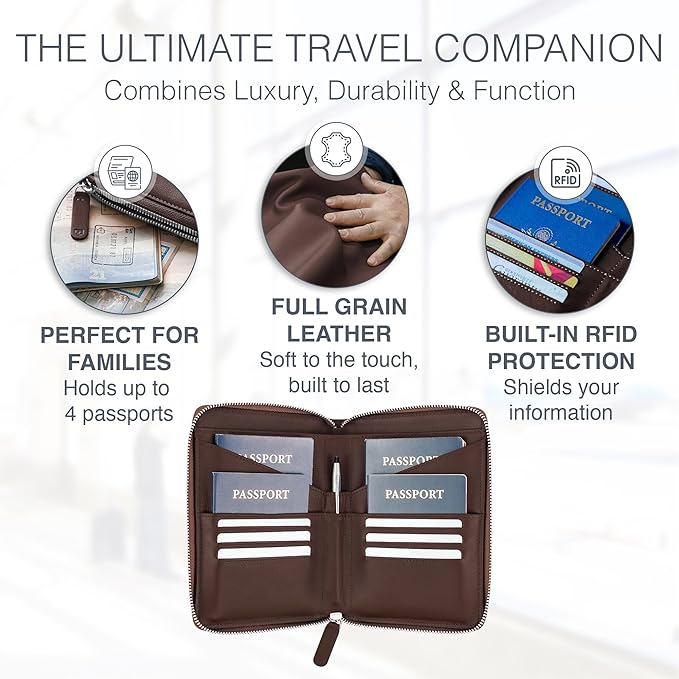 Full Grain Leather Family Passport Holder for 4 Passports - RFID Passport Holder and Travel Document Organizer - Large Leather Travel Wallet for Families - Brown