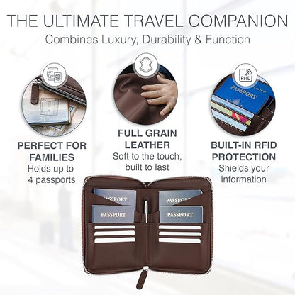 Full Grain Leather Family Passport Holder for 4 Passports - RFID Passport Holder and Travel Document Organizer - Large Leather Travel Wallet for Families - Brown