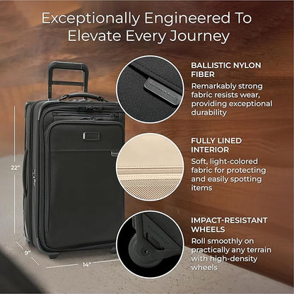Briggs & Riley 22" Carry-On 2-Wheel Garment Bag - Carry On Luggage for Travel, Suitcases with Wheels, Softside Rolling Bag for Men & Women, Built in Hook for Clothes - Baseline Collection, Black
