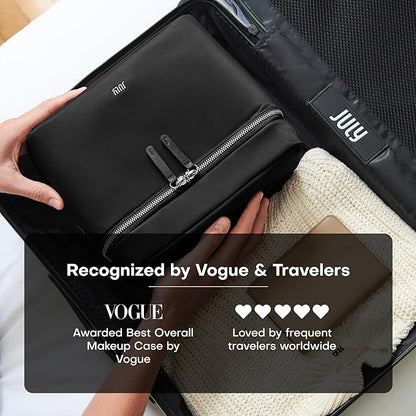 Vanity Cosmetic Case - Stylish Travel Makeup Bag for Women with Removable Wet Pouch, Upright Bottle Design, Clear Top Pocket, Leather Handle, Travel Essentials, Toiletry Organizer - Black