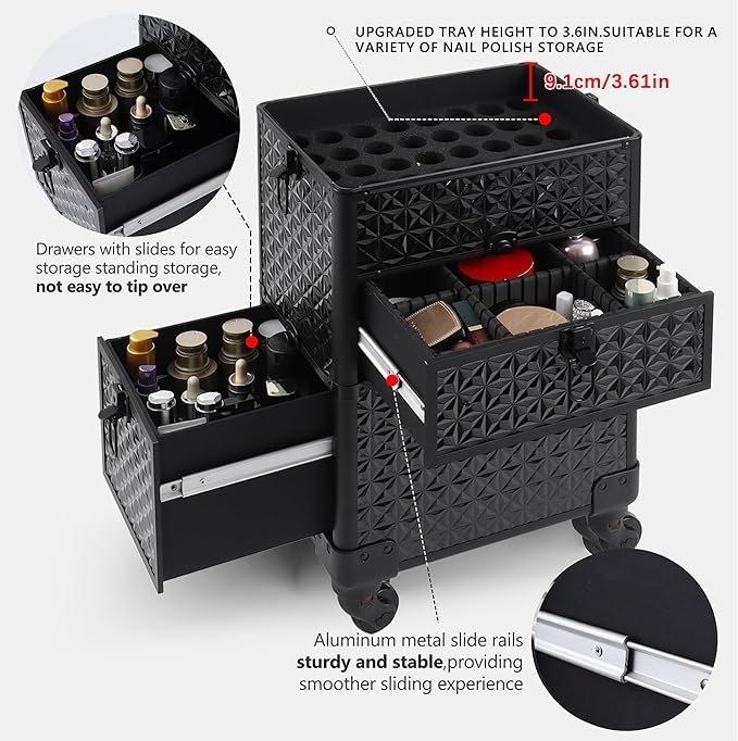 Makeup Train Case with Drawer, Rolling Makeup Case, Cosmetology Case on Wheels, Gift, Large Makeup Case Organizers, Professional for Salon Barber, Nail, Tattoo, Black