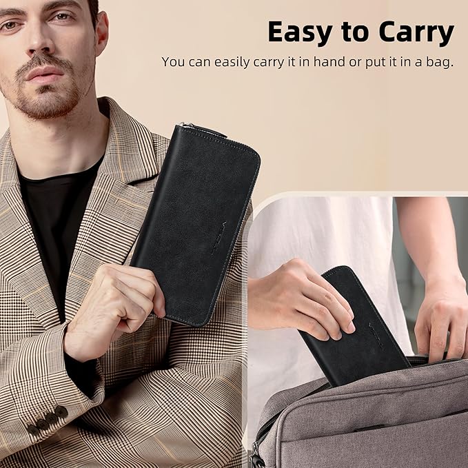 VISOUL Leather Long Zipper Pouch Wallet for Men and Women with RFID Blocking, Large Clutch Cash Long Wallet with Zipper (Black)