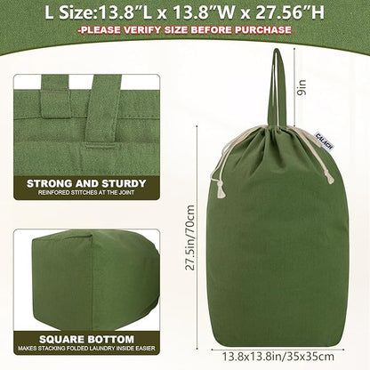 Canvas Laundry Bags with Handles & Square Base13.8"x 13.8", Large Heavy Duty Laundry Basket Hamper Liner, College Dorm Washable Drawstring Cotton Dirty Clothes Bag (Army Green)