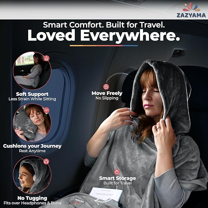 3-in-1 Travel Blanket Airplane – Compact with Bag & Pillow Combo Set, Gray Ultra-Soft Fleece | Packable Blanket Compact | Hidden Pocket | Trolley Sleeve | Carabiner | Travel Essentials