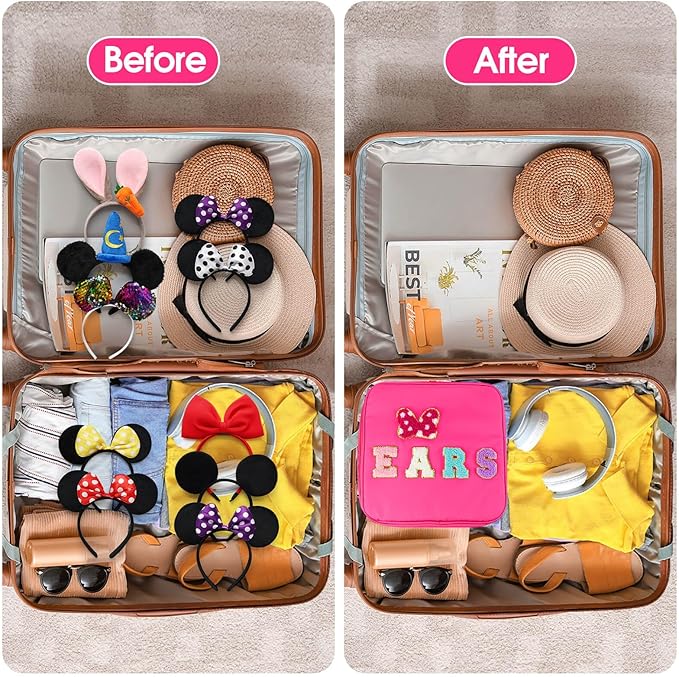 Chenille Letter Bow Mouse Ears Travel Case, Park Ears Headband Holder Hair Accessories Organizer Bag for Girls Women Kids Adults, Large Makeup Bag Snack Bags with Zipper for Travel Picnic - Rose Red