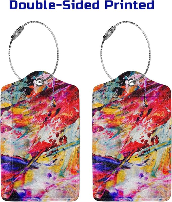 Red Oil-Painting Luggage Tags for Suitcases, Stylish Art Colorful Leather Bag Tag with Privacy Cover Stainless Steel Loop for Women Teen Girls Adults, 2-Pack Name Labels Tags for Baggage Backpack