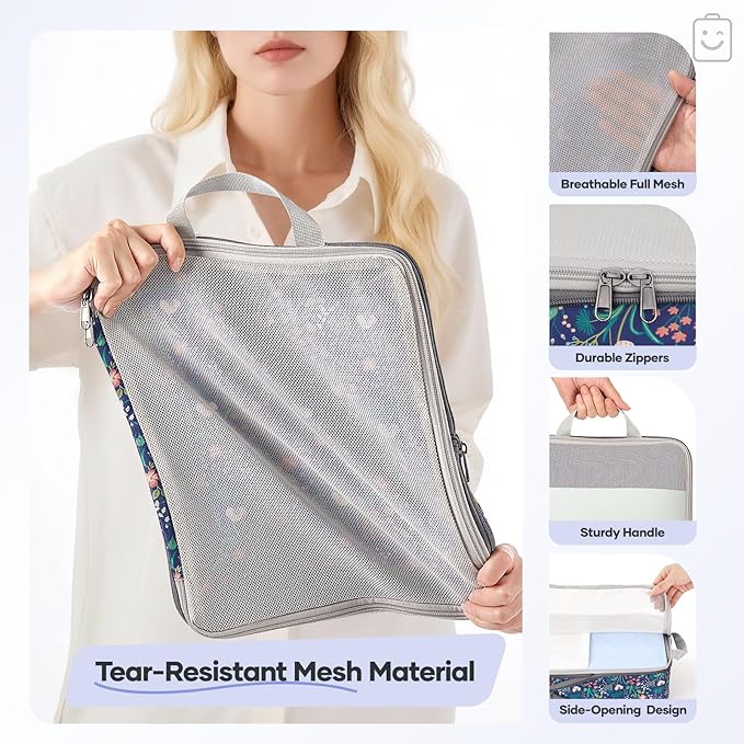 Veken 9/11 Set Compression Packing Cubes for Travel Essentials,Compressible Expandable Large Luggage Suitcase Organizer Bags for Clothing,Durable Space Saver Storage Bags(Dark Blue Floral)