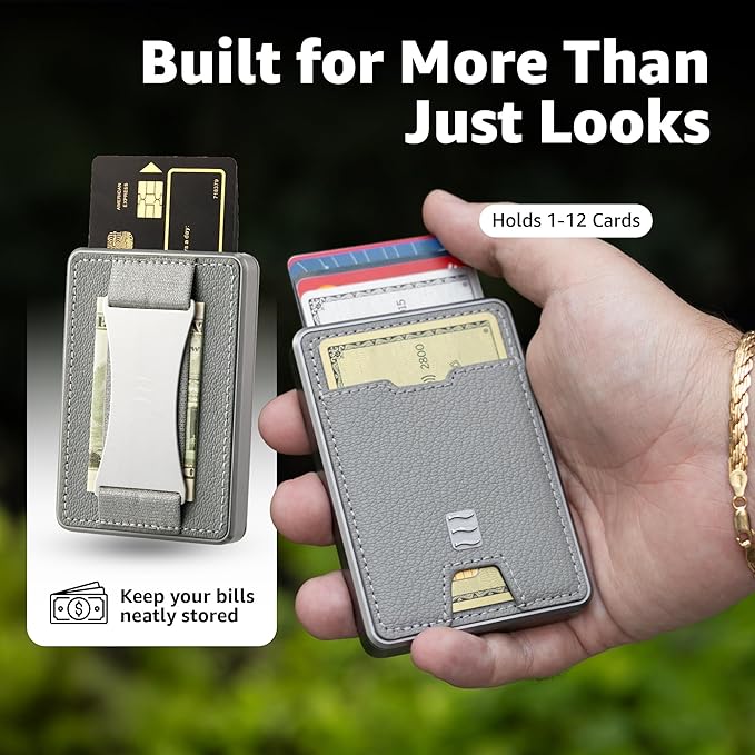 RFID Blocking Wallet, Minimalist Card Holder with Quick Access, Holds 1 to 12 Cards & Cash, Vegan Leather & Brushed Aluminum, Gift-Ready Packaging (Gray)