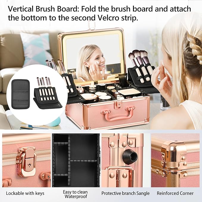 Rose Gold Makeup Case with Lighted Mirror, Detachable LED Mirror, Travel Makeup Train Case, Waterproof Cosmetic Organizer, Standing Makeup Brush Holder, Gift