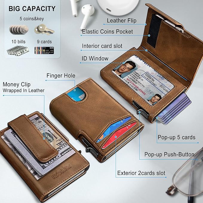 Men Wallet,with Money Clip Coins Pocket ID Window,Slim Front Pocket RFID Blocking Pop-up Card Holder 3.9"x 2.7", Gift Boxed