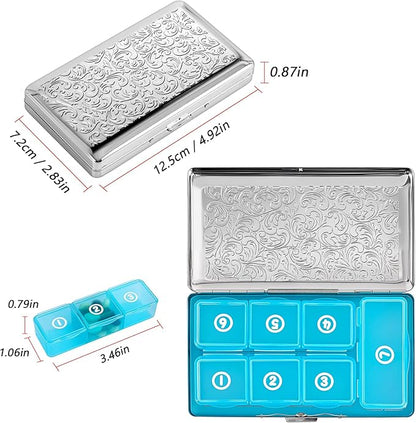 Pill Organizer, Pill Box 7 Day/Metal Travel Pill Case, BPA Free. (Silver)