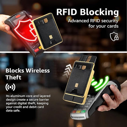 RFID Blocking Wallet, Minimalist Card Holder with Quick Access, Holds 1 to 12 Cards & Cash, Vegan Leather & Brushed Aluminum, Gift-Ready Packaging (Black & Gold)