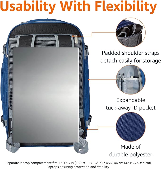 Amazon Basics Travel Backpack, Carry On Backpack, With Laptop Compartment, 40L Capacity, Expandable for 10% Extra Space, Backpack & Shoulder Bag Dual Use, 15.8"W x 21.5"H x 8.3"D, Navy