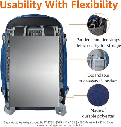 Amazon Basics Travel Backpack, Carry On Backpack, With Laptop Compartment, 40L Capacity, Expandable for 10% Extra Space, Backpack & Shoulder Bag Dual Use, 15.8"W x 21.5"H x 8.3"D, Navy