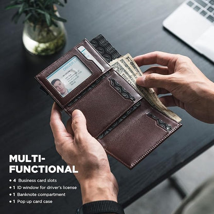 VULKIT Pop up Card Wallet Minimalist Cash Wallets RFID Blocking Leather Smart Credit Card Holder with ID window for Men