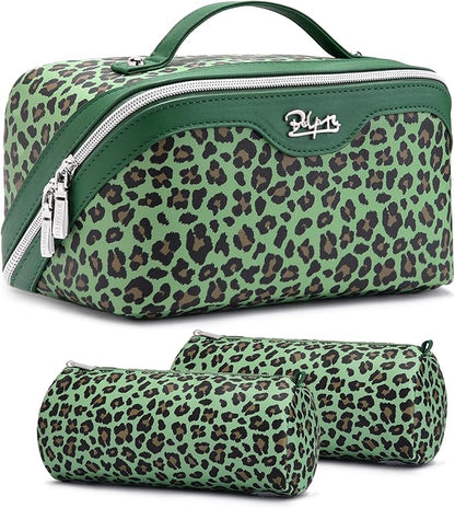 BOYATU Travel Makeup Bag for Women: 3 Pcs Set Portable Make up Bags with Handle - Leopard Print Cosmetic Bags with Comparments - Waterproof Vegan Leather Toiletry Bag (09-Green)