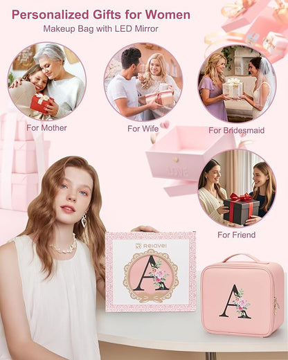 Relavel Initial Makeup Bag with LED Mirror for Women Girls, Personalized Travel Cosmetic Organizer Train Case, Birthday Gifts for Grandkids Bridesmaid Graduation Teacher Friends, Trendy Stuff, Pink H