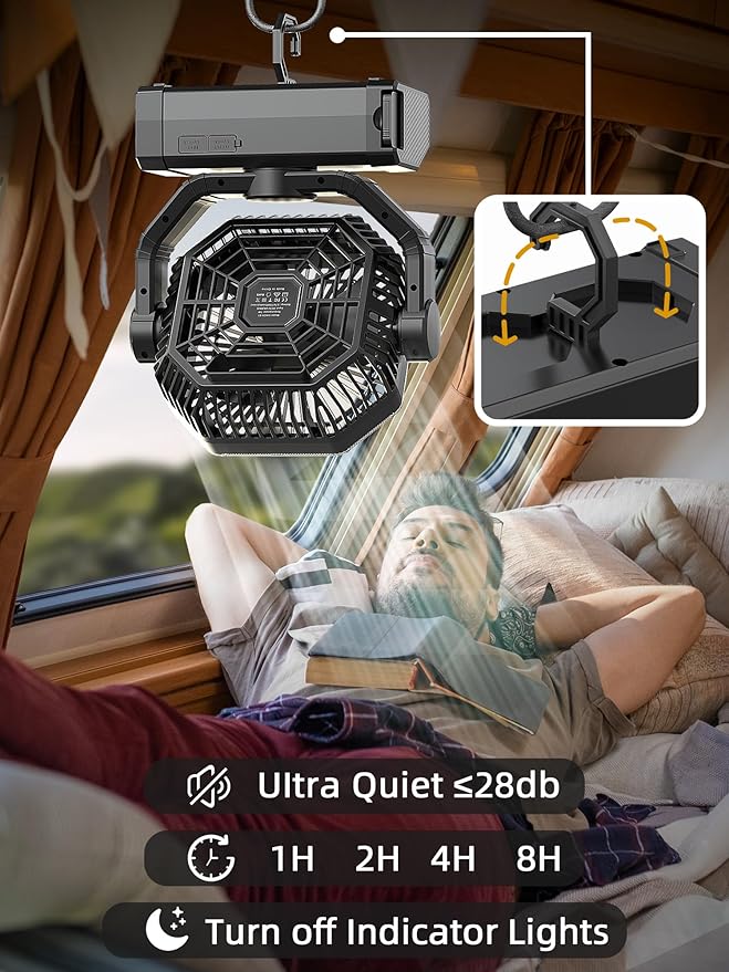 Portable Rechargeable Fan - 9-Inch Camping Fan for Tent, 20000mAh(60Hrs) Battery Operated Fan for Camping, Auto Oscillation Cordless Fans, Tent Fans with Remote/Light, 4 Speeds, 4 Timing, Outdoor