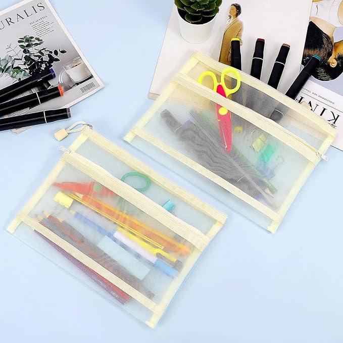 12 Pieces Zipper Nylon Mesh Pouch, Mesh Cosmetic Bags Makeup Bags Pencil Case, Multipurpose Travel Bags for Cosmetic School Office Supplies and Travel Accessories (2 Layers-Beige, A5)