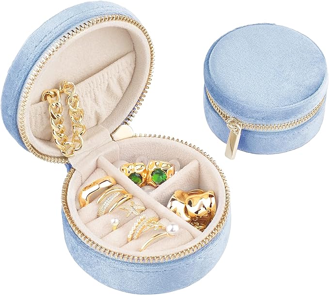 TAIMY Plush Velvet Travel Jewelry Box, Round Mini Travel Jewelry Case for Women Girls, Portable Mini Jewelry Travel Organizer Boxes for Rings Earrings Necklaces Bracelets(Ocean Blue)