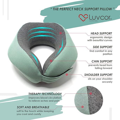 Premium Quality Memory Foam Travel Neck Pillow Bundle - Best Ergonomic Pillow for Airplane Travel, car Ride, Sleeping. Comes with Eye mask, earplugs and Storage Bag. (Imperial Green)