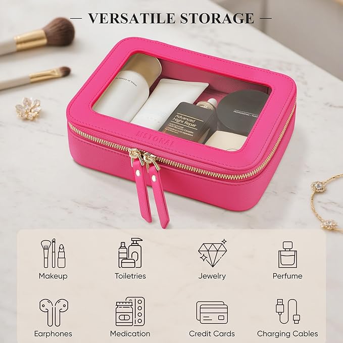 Clear Makeup Bag, Travel Toiletry Bag Cosmetic Case for Women, Waterproof Portable Make Up Skincare Pouch with Zipper, Compact Car Organizer Bag for Essentials, Mini & Medium, Hot Pink