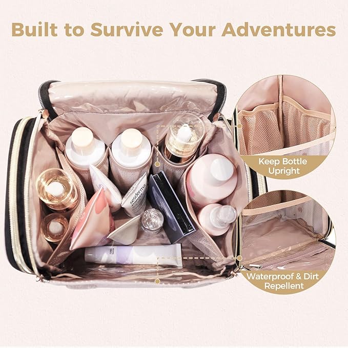 Hanging Toiletry Bag & Makeup Bag for Women with Jewelry Organizer - TSA Approved Large Capacity Travel Cosmetic Organizer, Waterproof Shower Essentials Case with Transparent Pockets, Pink