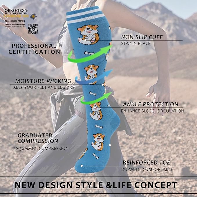 fenglaoda Compression Socks Women Men 6 Pairs, Knee High Best Support Circulation Socks for Running, Travel, Flight, Nurse