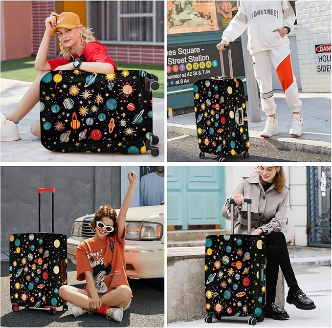 ANNA QUEEN Space Exploration Luggage Cover, Colorful Planets & Stars Design, Stretchable, Washable Travel Protector for 20-34 Inch Suitcases