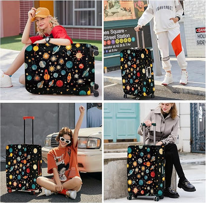ANNA QUEEN Space Exploration Luggage Cover, Colorful Planets & Stars Design, Stretchable, Washable Travel Protector for 20-34 Inch Suitcases