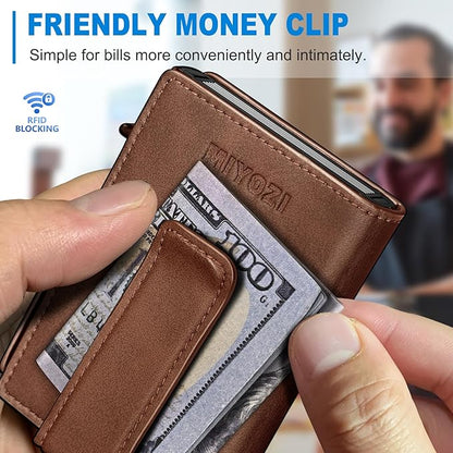 Wallet for Men with Money Clip Coins Pocket ID Window Gift Boxed,Slim Smart Front Pocket RFID Blocking Wallet Pop-up Card Holder in Magnetic Leather Flip 3.9"x 2.7"